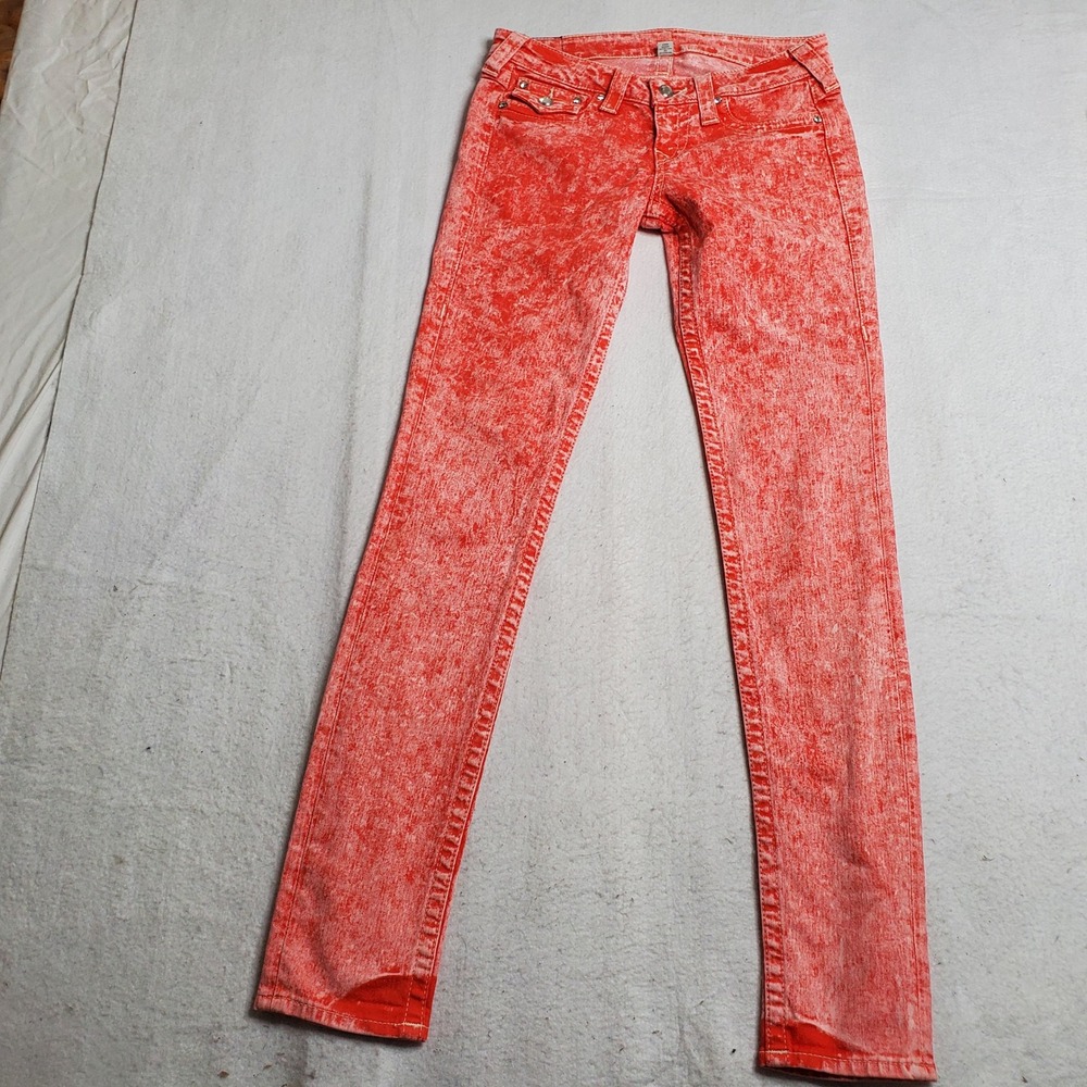 True Religion Womens Skinny Jeans Red Lava Dye Acid Wash Flap Pockets Size 28